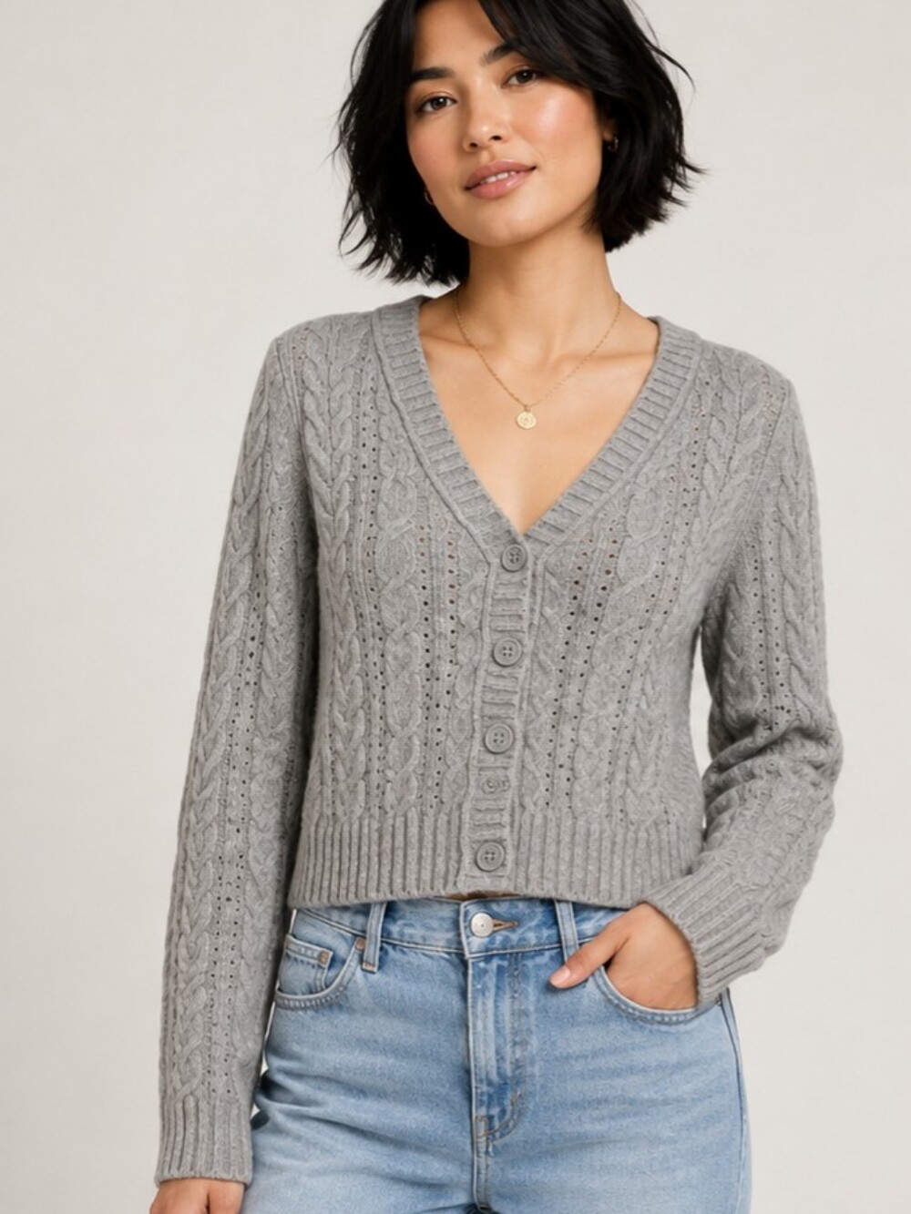 American Eagle Gray Cable Knit Cropped Cardigan Sweater Medium